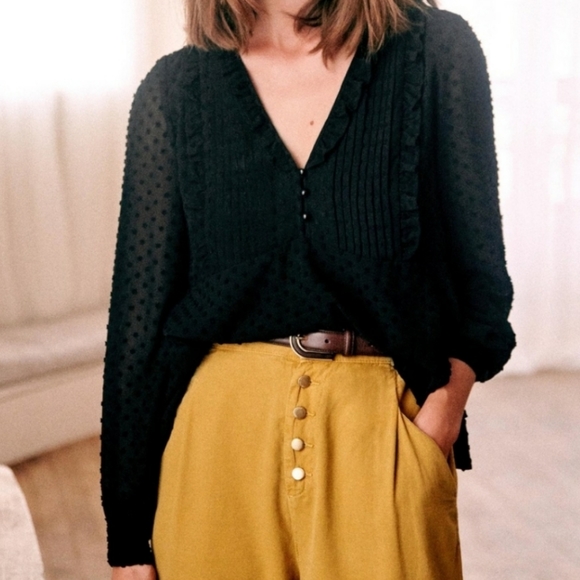 Sezane Mirta Blouse Black Ruffle Buttons Size 36 US 4 - Picture 7 of 9